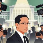 Man in a suit and glasses surrounded by cameras and spotlights in front of a government building at a press event