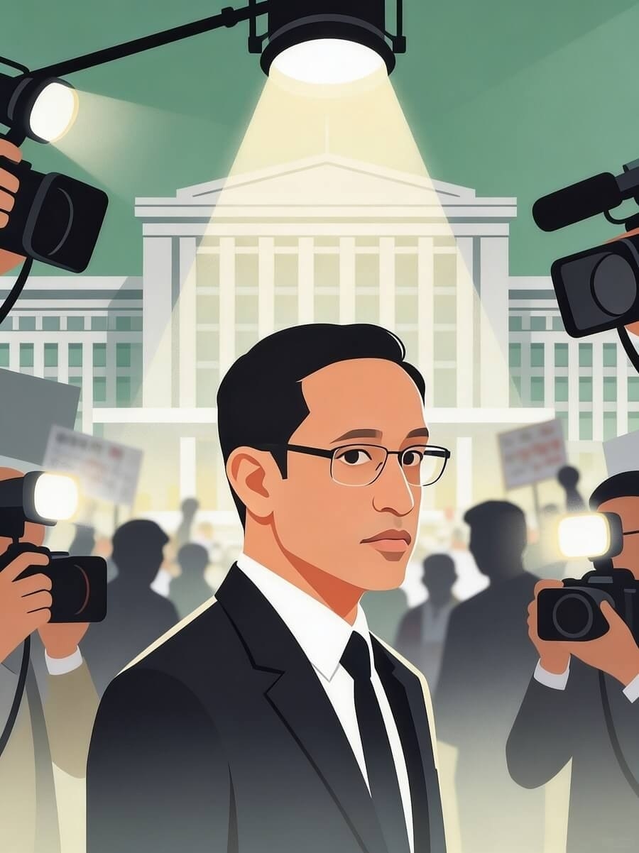 Man in a suit and glasses surrounded by cameras and spotlights in front of a government building at a press event