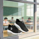 Black athletic sneakers with white soles sit on a classroom windowsill with students studying at desks visible in the background