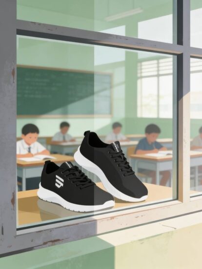 Black athletic sneakers with white soles sit on a classroom windowsill, with students studying at desks visible in the background.