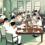 A large formal meeting with dozens of men in white robes around a long table in a sunlit conference room