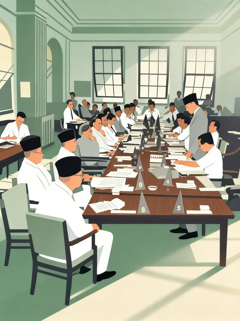 A large formal meeting with dozens of men in white robes around a long table in a sunlit conference room