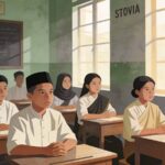 Classroom scene with students at wooden desks a girl in a sari sits front right as others study with a stovia sign on the wall near large windows
