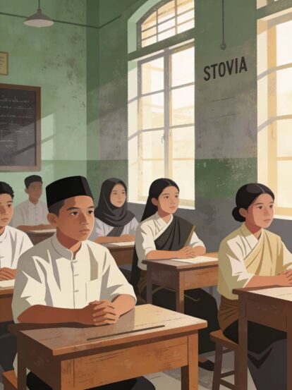 Classroom scene with students at wooden desks; a girl in a sari sits front right as others study, with a 'STOVIA' sign on the wall near large windows.