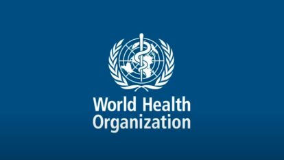 World health organization logo on a blue background featuring the emblem and the text world health organization