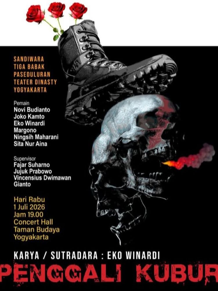 15fpentas catrawarta Theater poster for penggali kubur by eko winardi boot stepping on a skull with roses cast list and date in yogyakarta