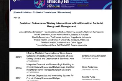 Conference poster slide showing the study title sustained outcomes of dietary interventions in small intestinal bacterial overgrowth management with author list and affiliations imka 2025 seoul branding at top