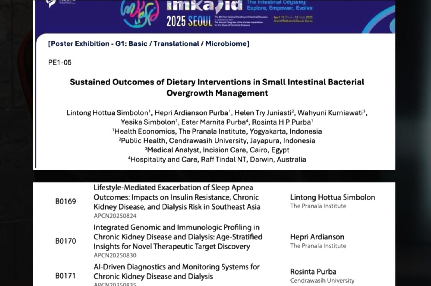 Conference poster slide showing the study title sustained outcomes of dietary interventions in small intestinal bacterial overgrowth management with author list and affiliations imka 2025 seoul branding at top