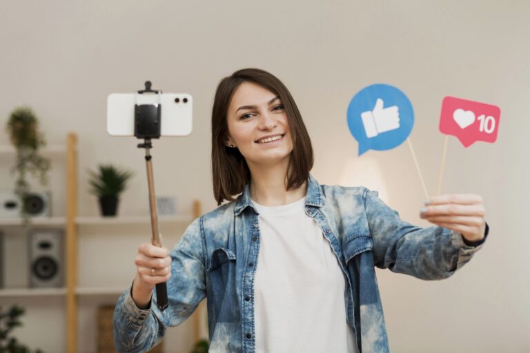 Smiling woman holds a selfie stick with a phone, posing as social media like and heart icons appear beside her.