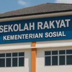 Public school building with a blue sign reading sekolah rakyat kementerian sosial in indonesian