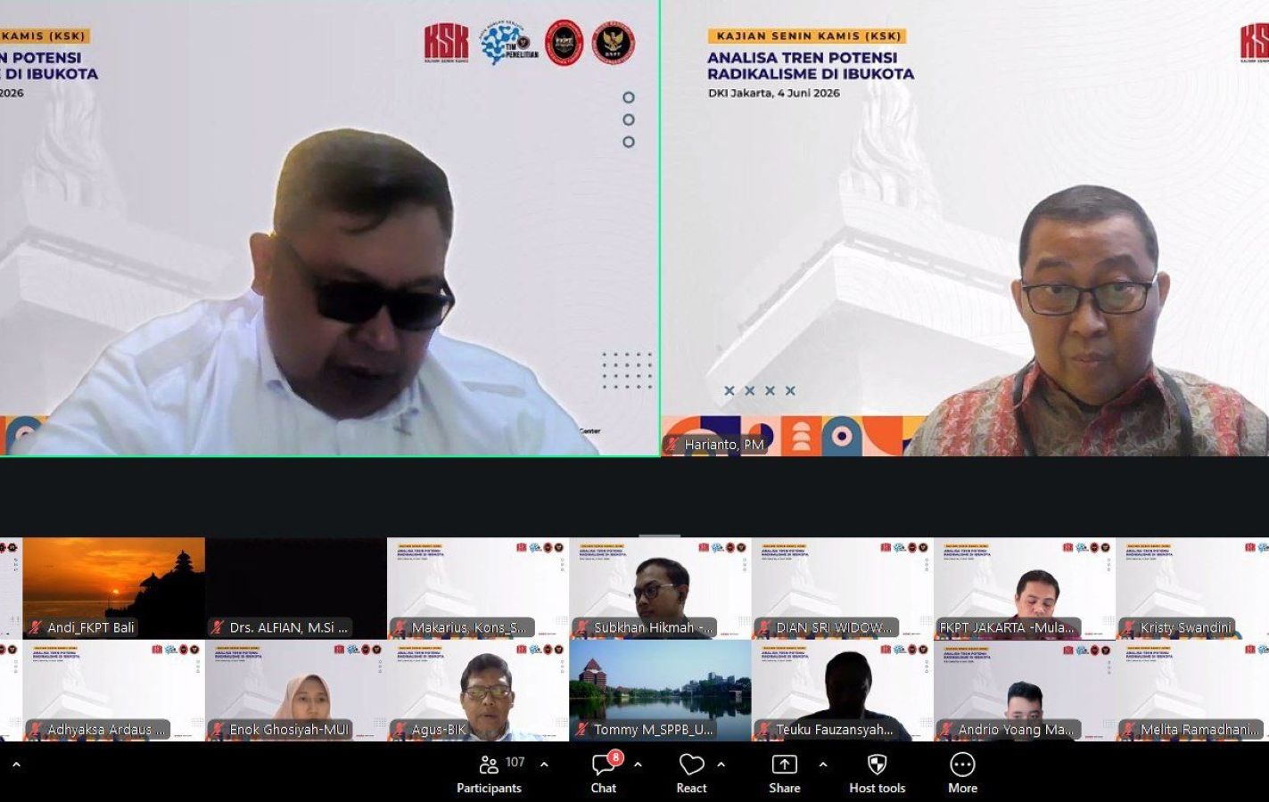 Two speakers in a split screen video call left man in sunglasses right man with glasses both with event banners in the background