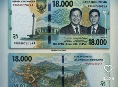 Indonesian 18000 rupiah banknote front portraits of state figures with blue green design and official seals front side
