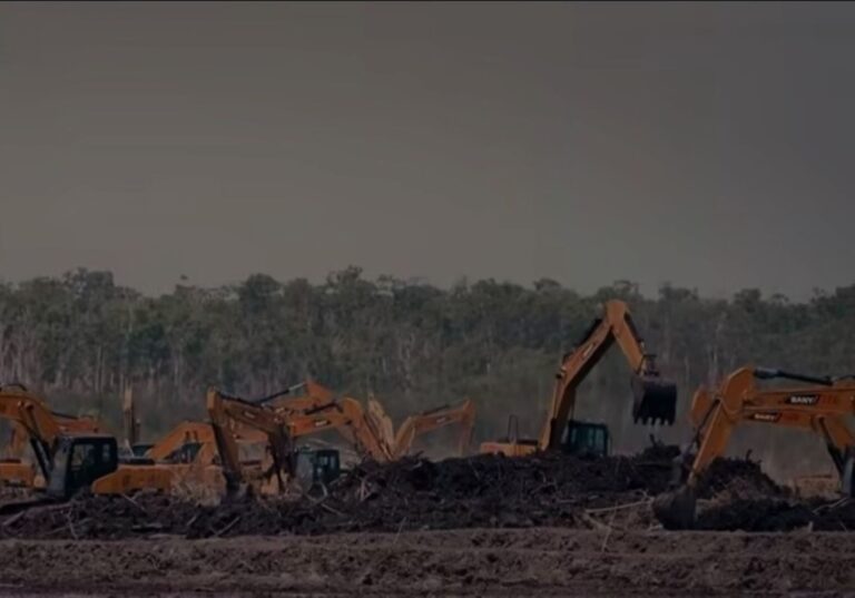 Several orange excavators work on a dirt site with a large pile of debris in the foreground, trees in the background.