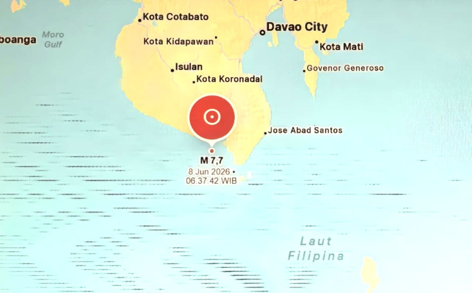 8fgempa catrawarta Map showing a m7 7 earthquake near mindanao philippines on 8 jun 2026 06 37 42 wib off the southern coast near davao city and surrounding towns