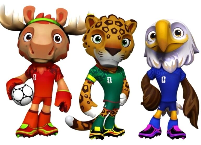 Three cartoon animal mascots in soccer uniforms: a red-moose with a ball, a green-leopard, and a blue-eagle stand together.