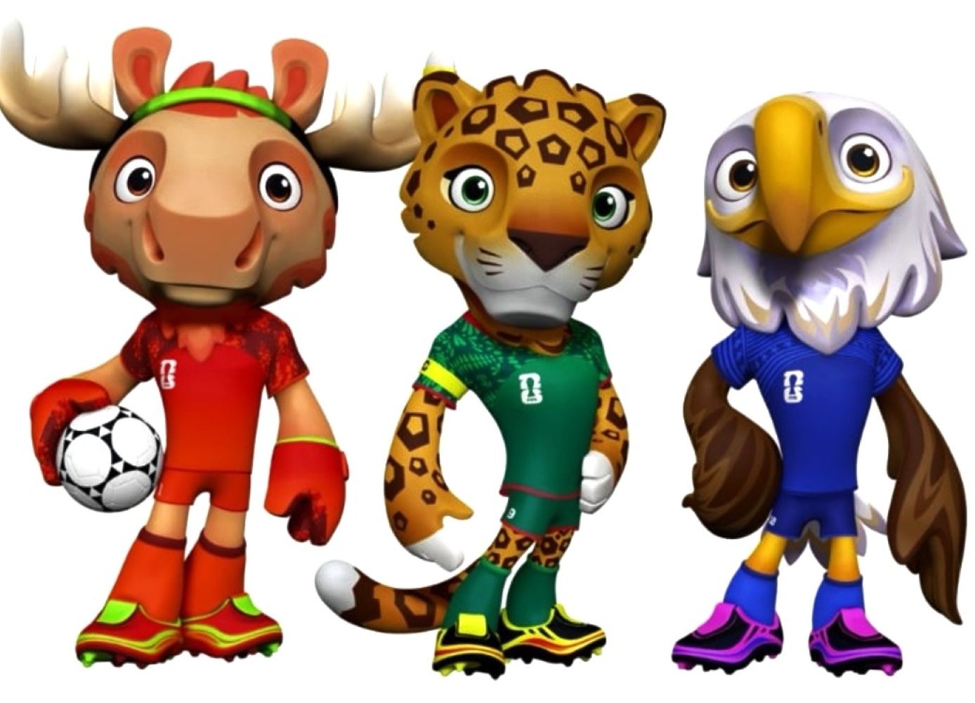 8fmaskot catrawarta Three cartoon animal mascots in soccer uniforms a red moose with a ball a green leopard and a blue eagle stand together