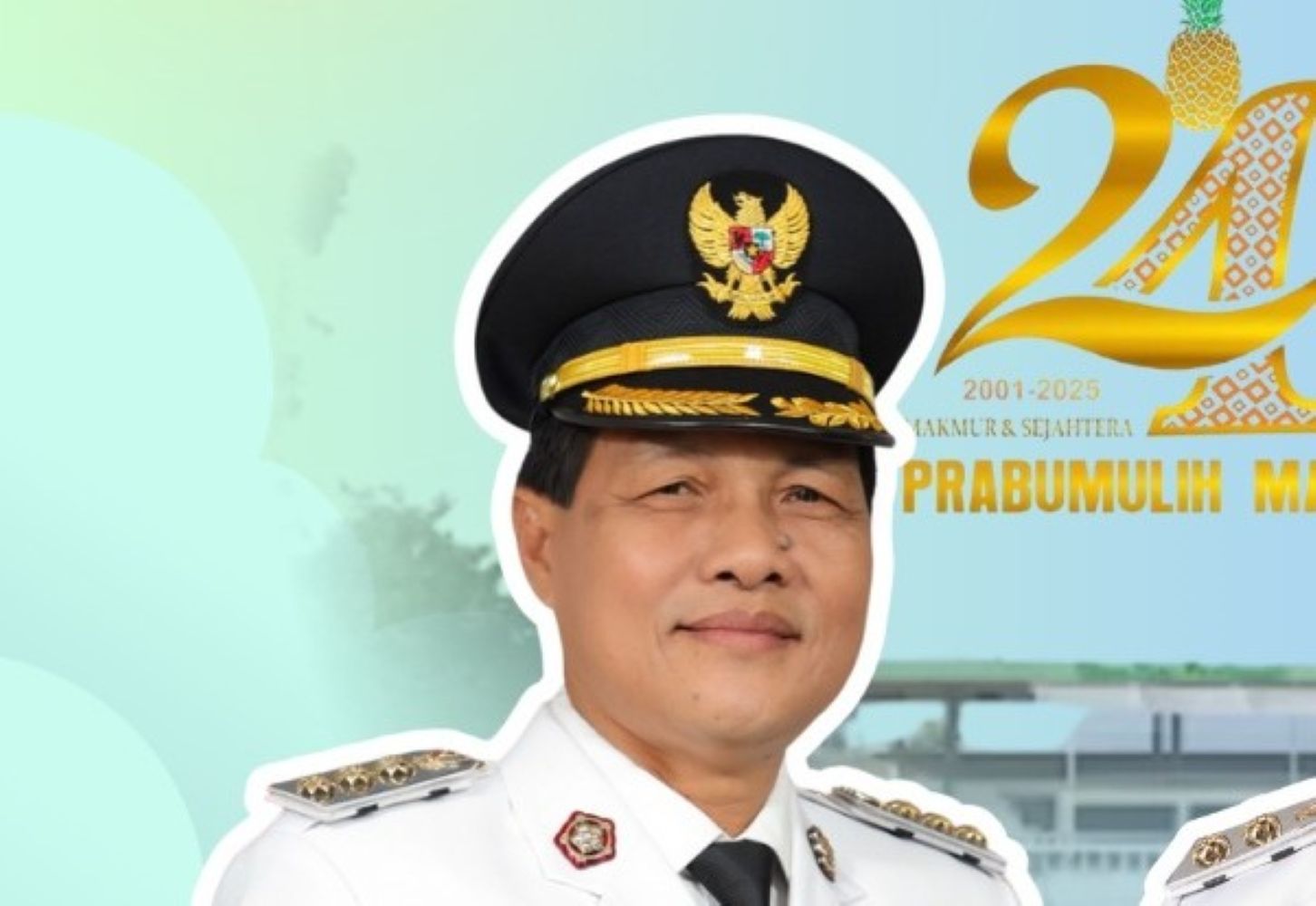 9fbupati catrawarta Portrait of a man in a white ceremonial uniform and gold trimmed peaked cap outlined in white with a festive backdrop celebrating prabumulihs 24th anniversary 20012025