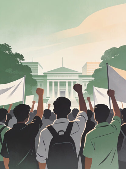 Crowd of protesters with raised fists and banners marching toward a government building in the distance.