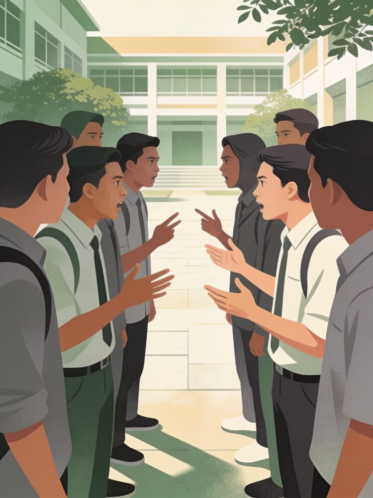 Ilustrasi sekelompok mahasiswa berdebat catrawarta Two groups of students in uniforms face off and argue in a school courtyard outdoors