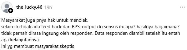 Image catrawarta Post instagram berisi keluhan soal sensus tidak ada umpan balik dari bps bertanya apa keluaran sensus dan bagaimana hasilnya membuat publik skeptis