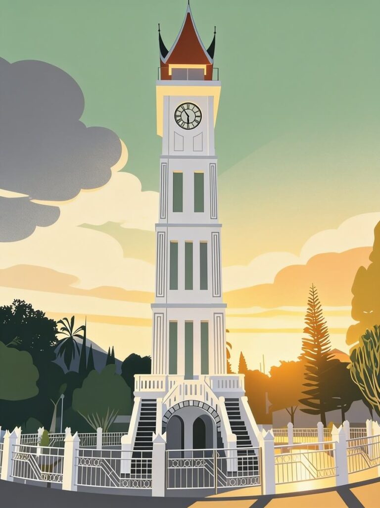 Illustration of a tall clock tower with a red ornate roof, multiple levels, a circular clock face, and white arched entrance, surrounded by a white fence and tropical trees at sunset.