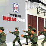 Group of camouflaged soldiers marching in formation in front of a building with a sign reading koperasi merah putih and a logo above it