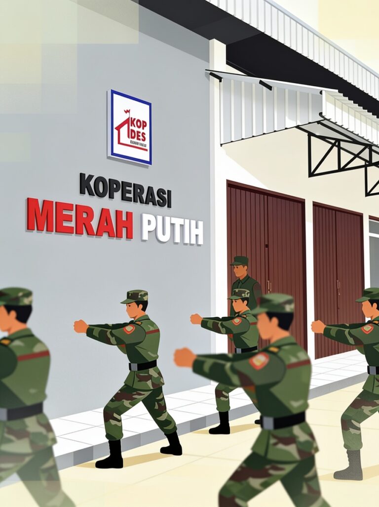 Group of camouflaged soldiers marching in formation in front of a building with a sign reading KOPERASI MERAH PUTIH and a logo above it.
