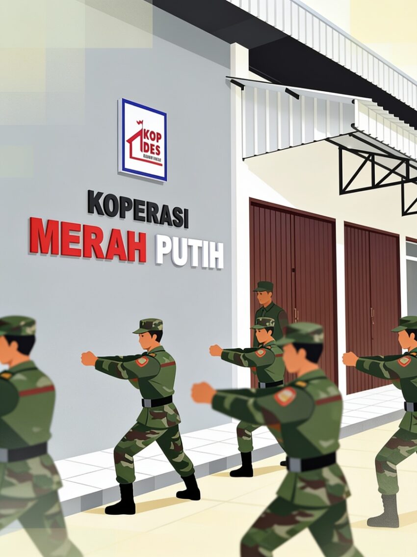 Group of camouflaged soldiers marching in formation in front of a building with a sign reading koperasi merah putih and a logo above it