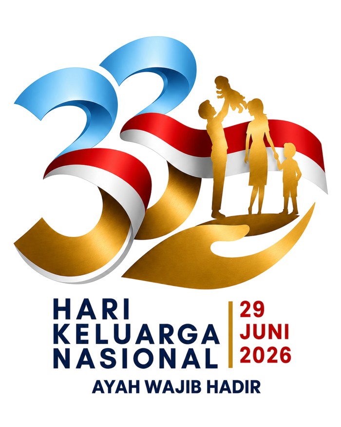 Poster for hari keluarga nasional 2026 featuring a gold family silhouette a redwhite ribbon and the date 29 juni 2026 with the slogan ayah wajib hadir