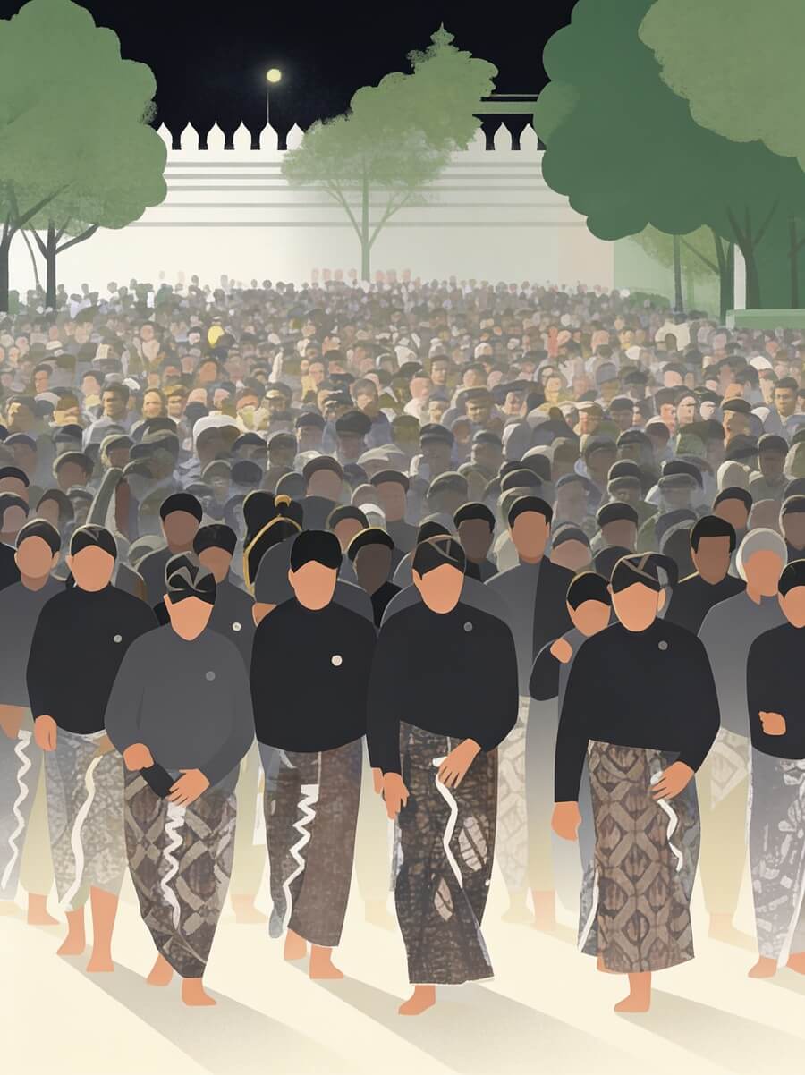 Malam 1 suro catrawarta Illustration of a large crowd walking together at dusk many wearing dark tops and patterned sarongs with a wall and trees in the background