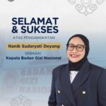Banner with a smiling woman in a navy blazer congratulating on appointment from badan gizi nasional includes large indonesian text and logo in top left