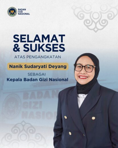 Banner with a smiling woman in a navy blazer congratulating on appointment from badan gizi nasional includes large indonesian text and logo in top left