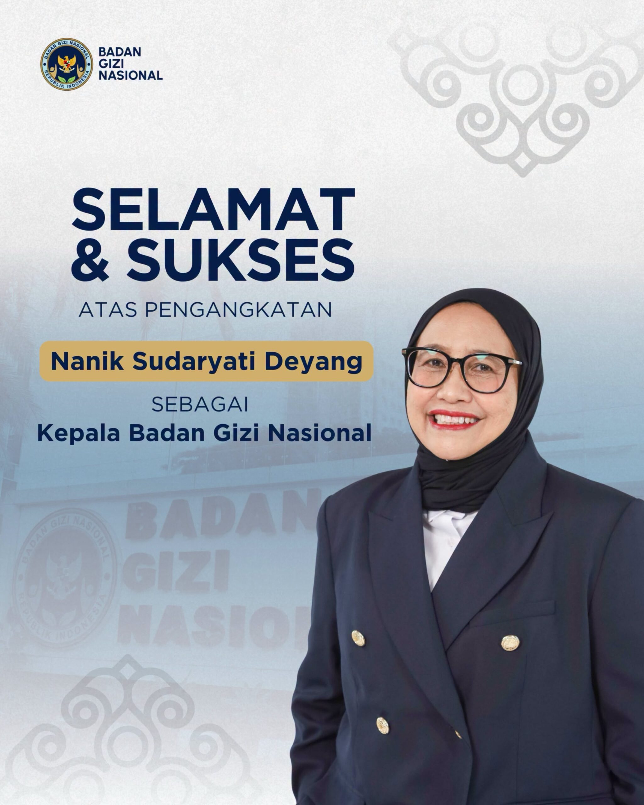 Banner with a smiling woman in a navy blazer congratulating on appointment from badan gizi nasional includes large indonesian text and logo in top left