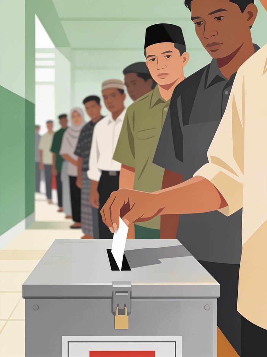 Pemilu pertama catrawarta People line up to vote a man inserts a ballot into a ballot box at a polling station showing a diverse queue in the background