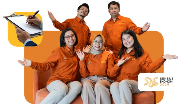 Group of five people in orange uniforms sit on an orange sofa, smiling and waving; Sensus Ekonomi 2026 logo visible in the corner.
