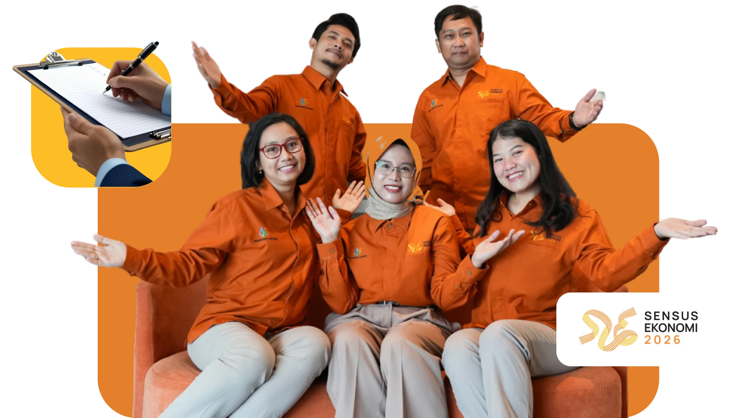 Sensus ekonomi 2026 catrawarta Group of five people in orange uniforms sit on an orange sofa smiling and waving sensus ekonomi 2026 logo visible in the corner