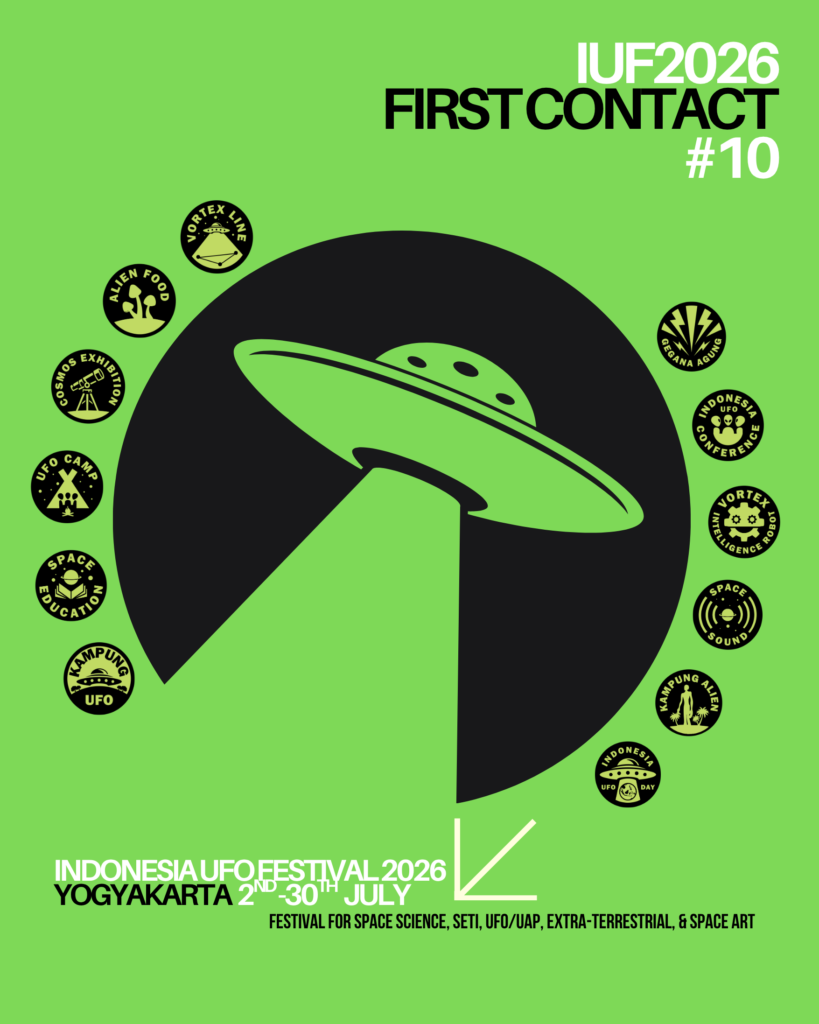 Festival ufo catrawarta Green indonesia ufo festival 2026 poster with a large black ufo graphic and circular icons around the edge on a lime background