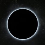 Total solar eclipse a black sun with a pale blue corona against a starry space background
