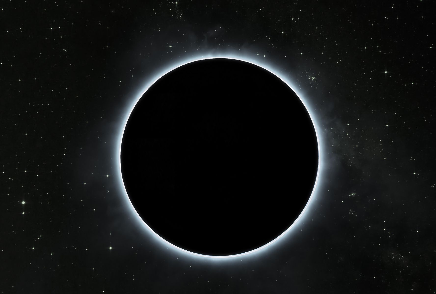 15ggerhana catrawarta Total solar eclipse a black sun with a pale blue corona against a starry space background