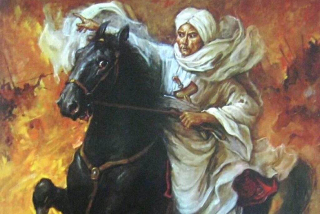 Lukisan pangeran diponegoro catrawarta Man in white robes riding a black horse amid flames pointing forward