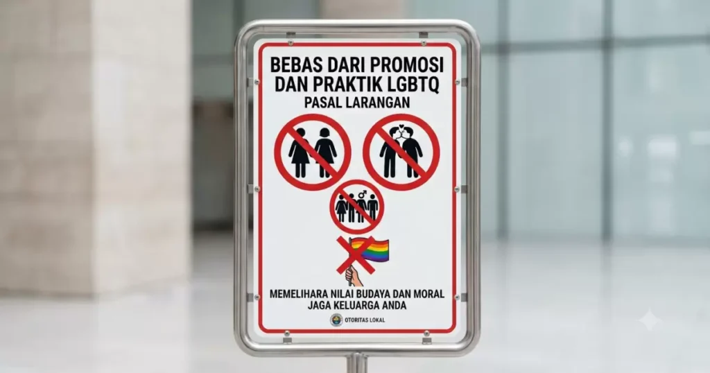 Ilustrasi anti lgbtq catrawarta Public signage in indonesian warning against lgbtq promotion and practices with prohibition symbols and a crossed rainbow flag