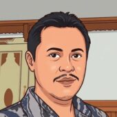 Illustrated portrait of a man with short dark hair and light facial hair wearing a patterned shirt indoors, facing the camera.