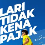 Runner in a neon yellow shirt runs in front of a blue poster with bold white text lari tidak pajak promoting tax compliance