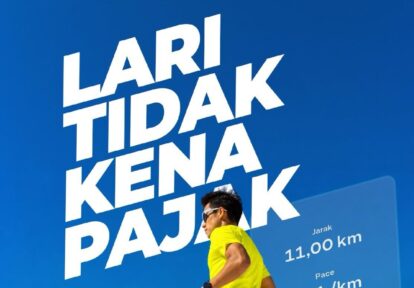 Runner in a neon yellow shirt runs in front of a blue poster with bold white text 'LARI TIDAK PAJAK' promoting tax compliance.