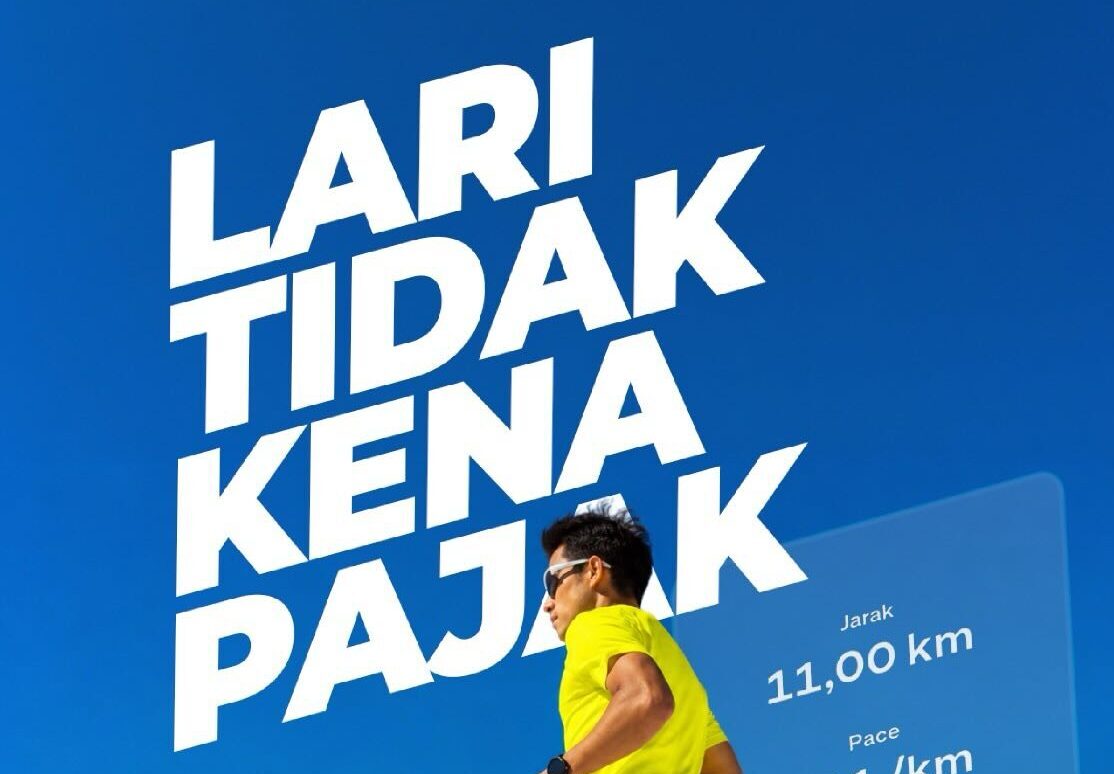 Ditjenpajak catrawarta Runner in a neon yellow shirt runs in front of a blue poster with bold white text lari tidak pajak promoting tax compliance