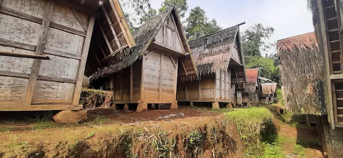 Row of traditional thatched roof huts on stilts in a rural village with a dirt path nearby