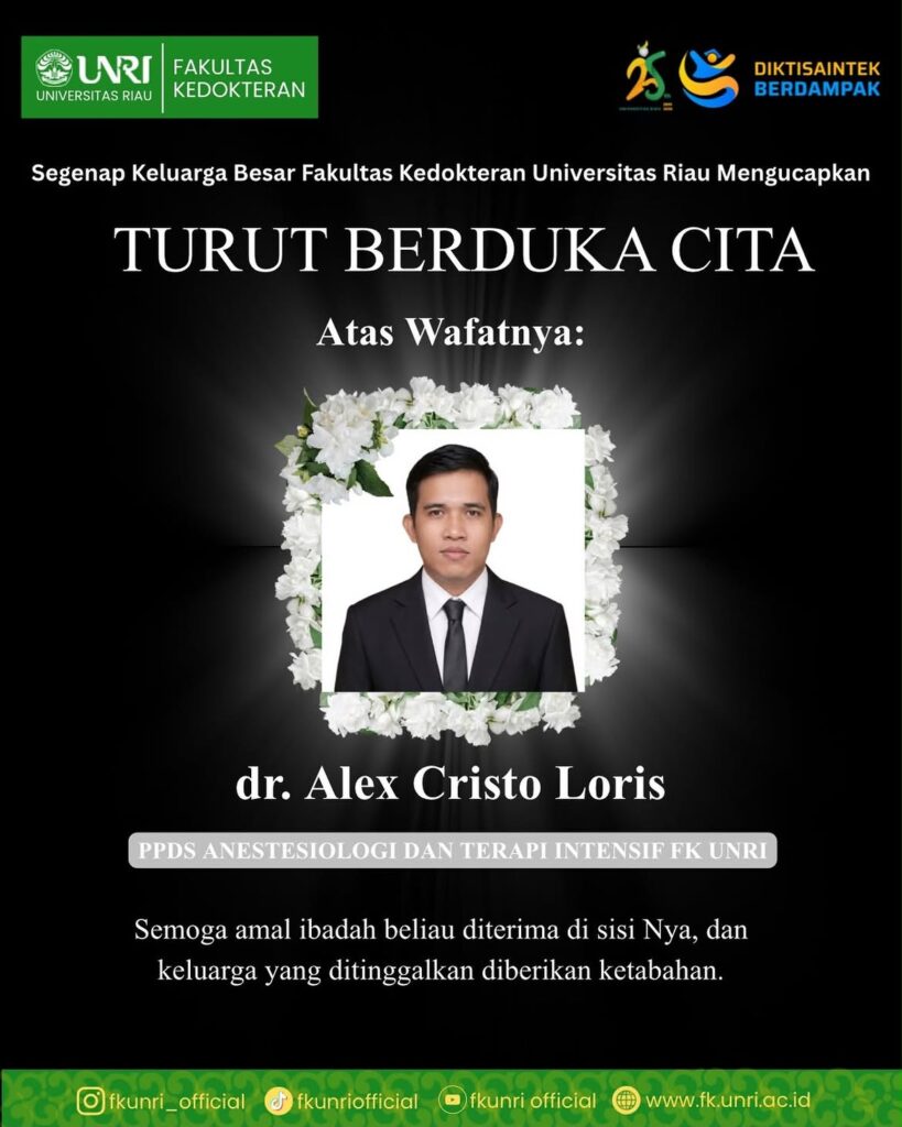 Obituary poster for dr Alex cristo loris from fakultas kedokteran universitas riau with floral frame and condolence message