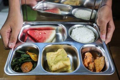 Person holding a metal bento-style lunch tray with watermelon, rice, greens with carrot, fried tofu, and meat stew in separate compartments.