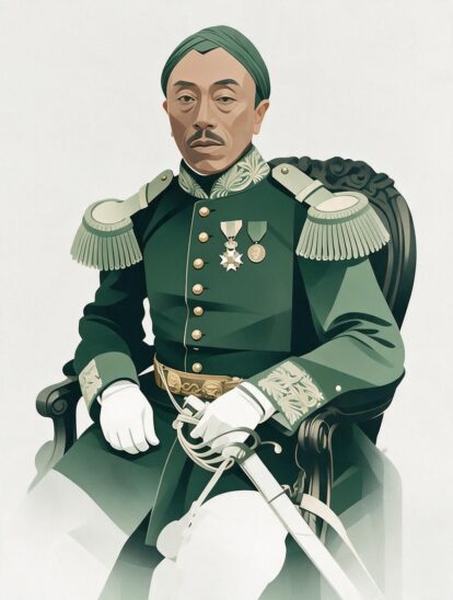Stylized portrait of a high ranking officer in a dark green ceremonial uniform with gold epaulettes medals and a sword seated in a carved chair