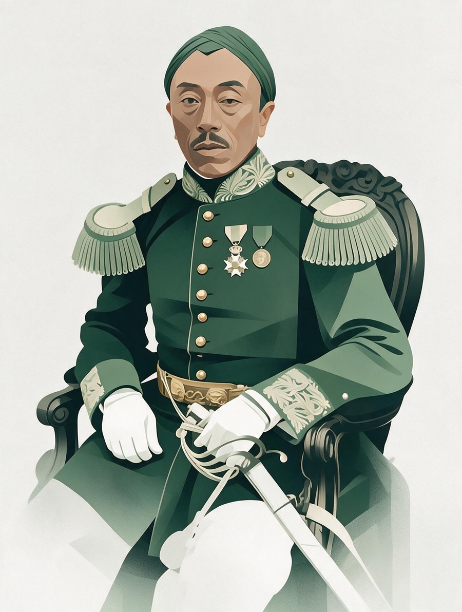 Mangkunegara ivcatra catrawarta Stylized portrait of a high ranking officer in a dark green ceremonial uniform with gold epaulettes medals and a sword seated in a carved chair